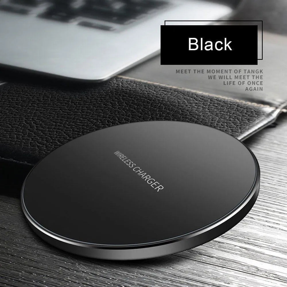 Black ultra-thin wireless charging pad measuring 98mm square with 9V fast charging capability