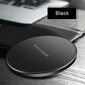 Black ultra-thin wireless charging pad measuring 98mm square with 9V fast charging capability
