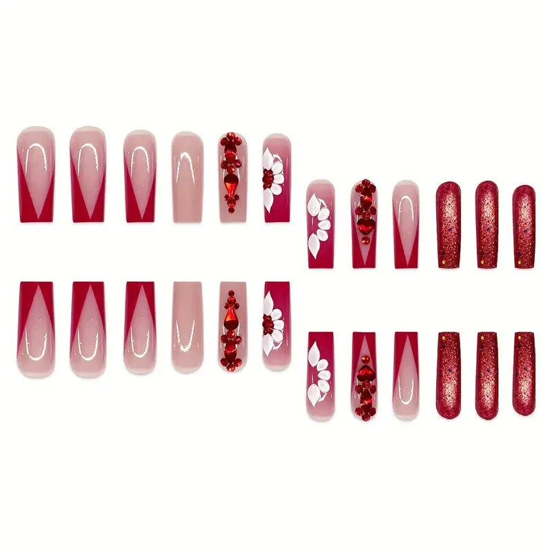 Fake nails with floral pattern and red diamond decoration in long European square style