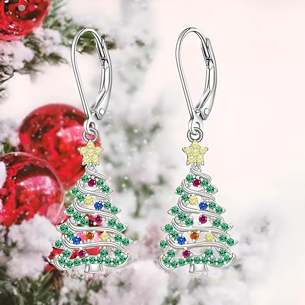 Women's Christmas tree earrings with star pendant in white gold colour finish