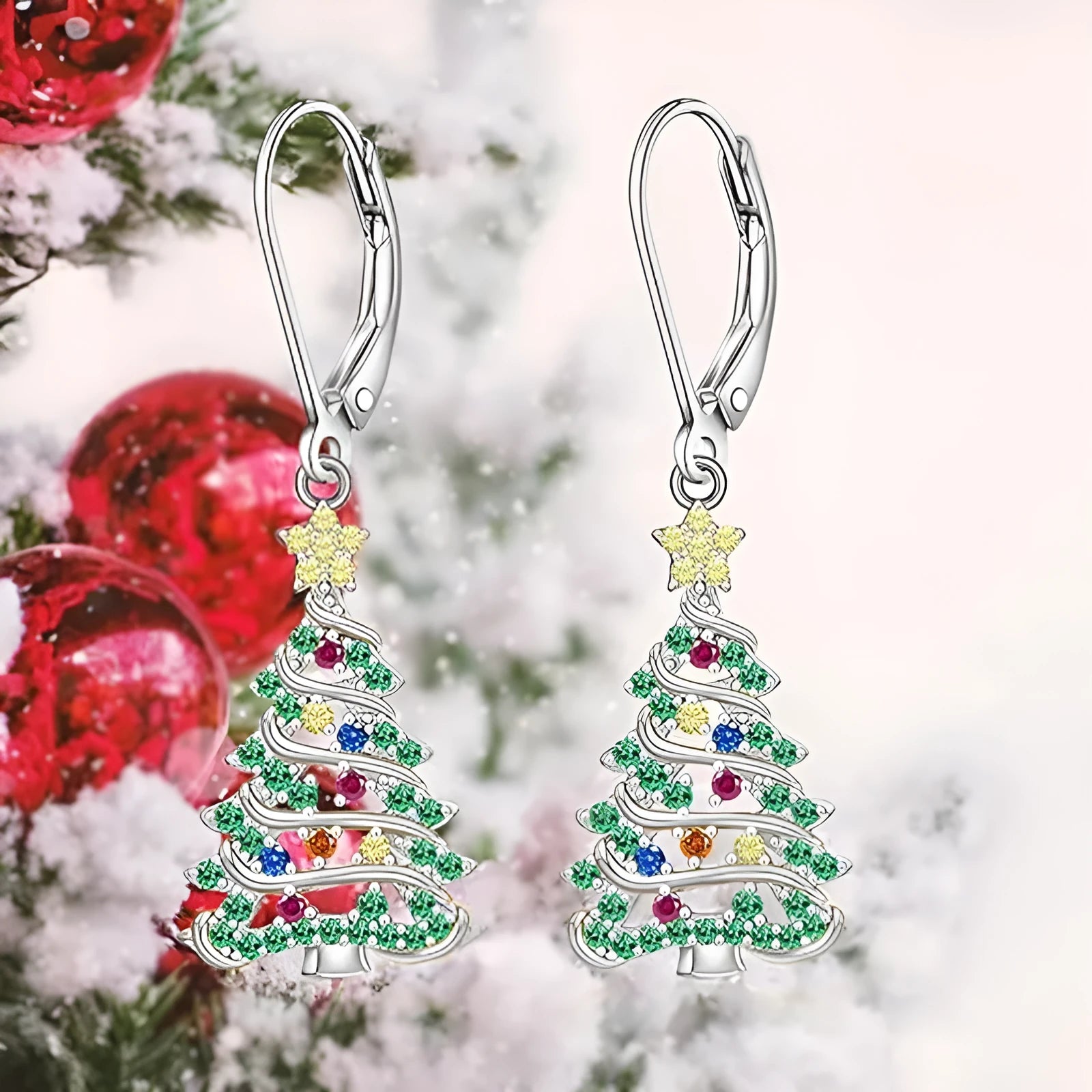 Women's Christmas tree earrings with star pendant in white gold colour finish