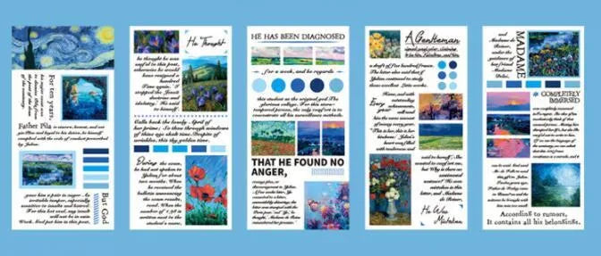 Pack of twenty rectangular paper stickers showing colourful landscape paintings, each measuring 60 by 120 millimetres.