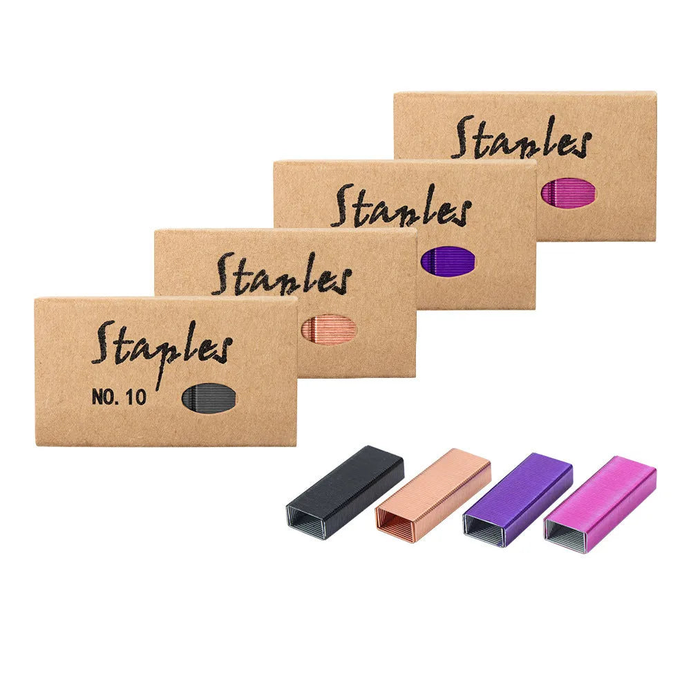 Box of 1000 metal stapling needles in rose gold, black, purple, and rose red colour options.