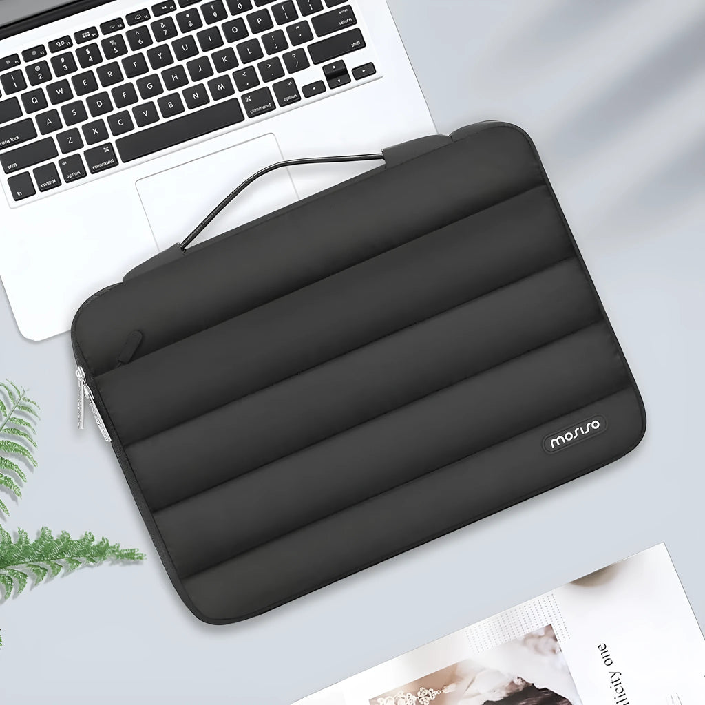 Velvet cotton down shrink storage laptop bag in black, pink, light brown, or sand colour for 13.3 or 15.4 inch laptops.