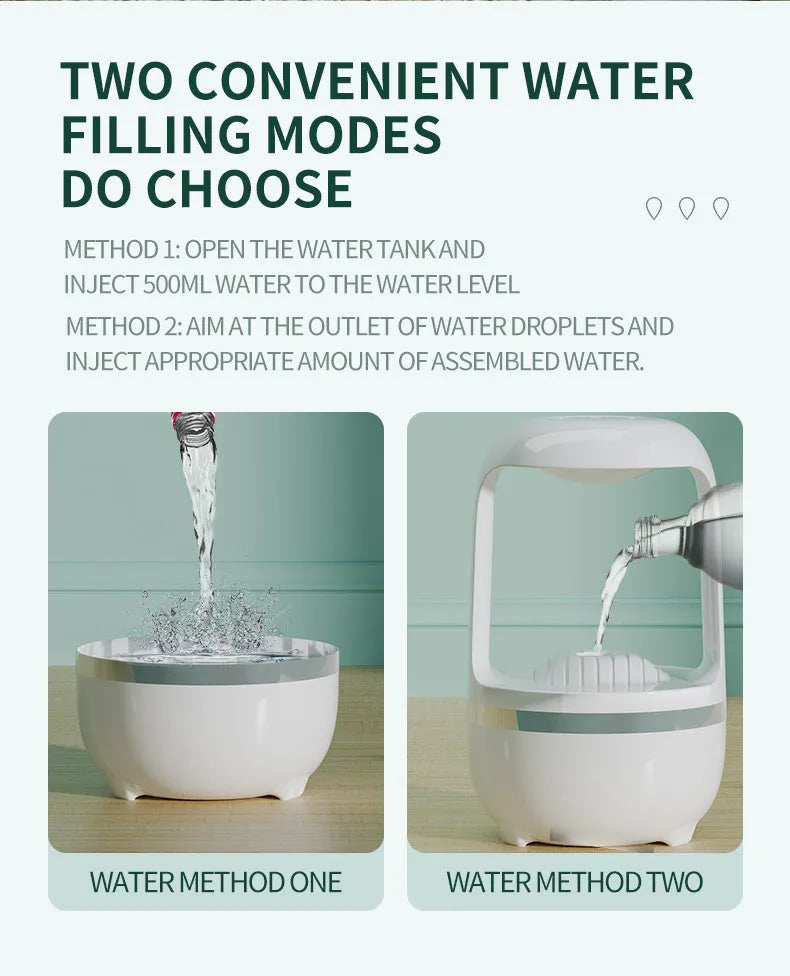 White anti-gravity water droplet humidifier on a wooden desk with visible mist and upward-flowing water beads.