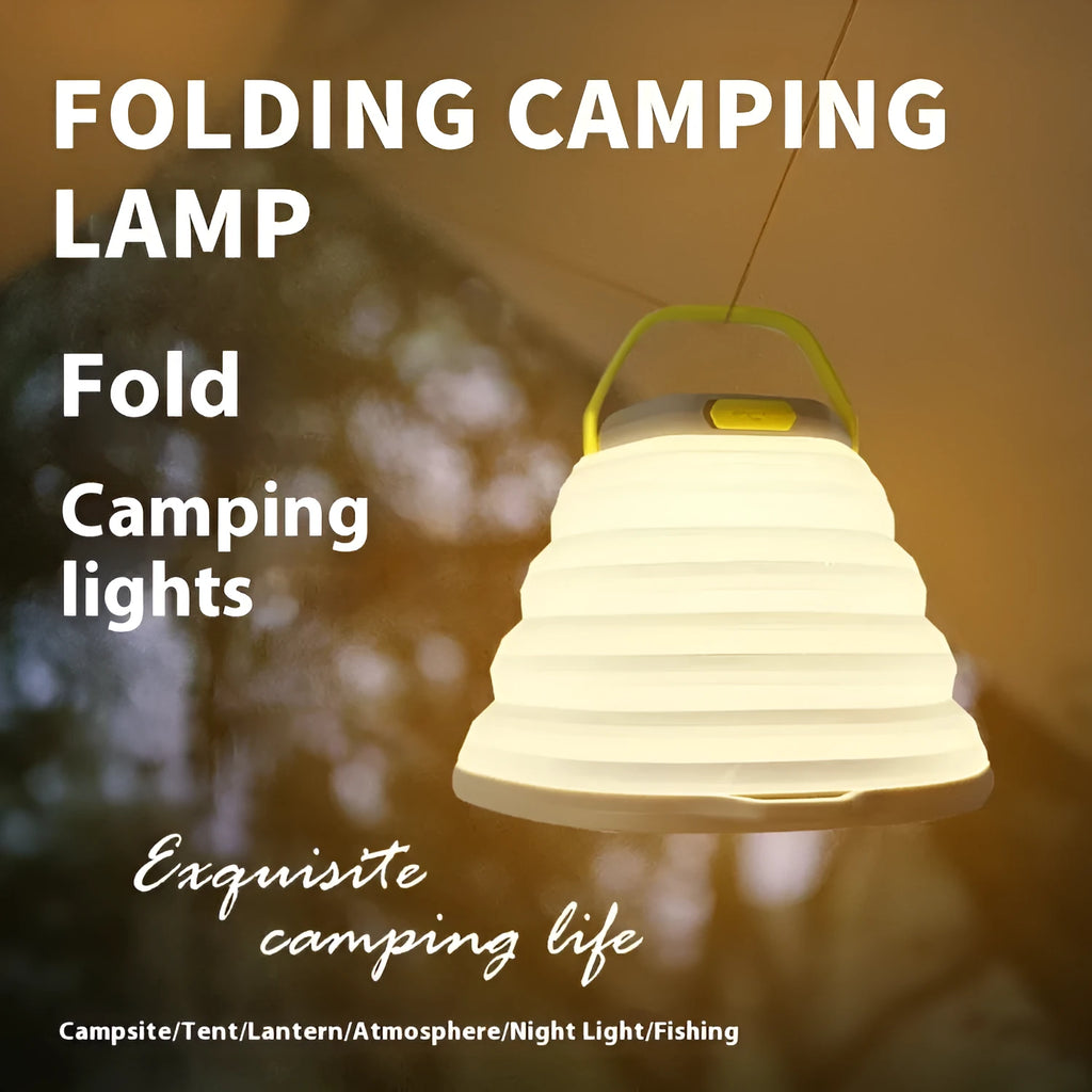 White portable camping lamp with a single-key switch, shown for tent and outdoor lighting.