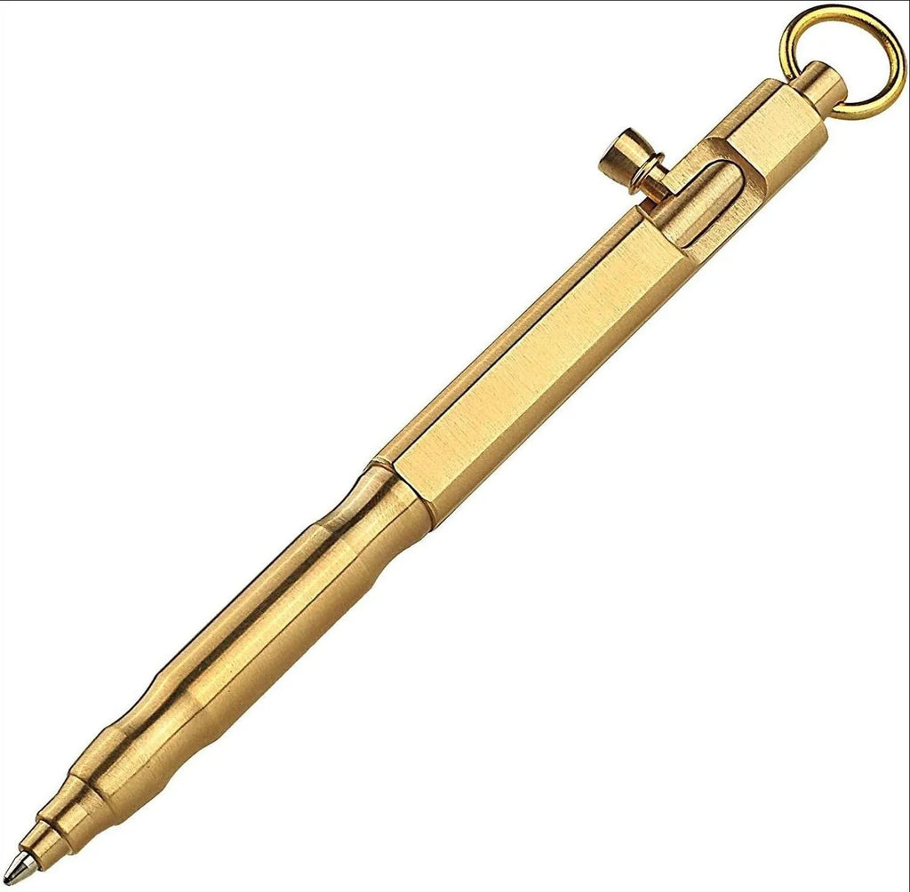 Brass hexagonal bolt tactical pen with pure copper alloy construction and retro colour options