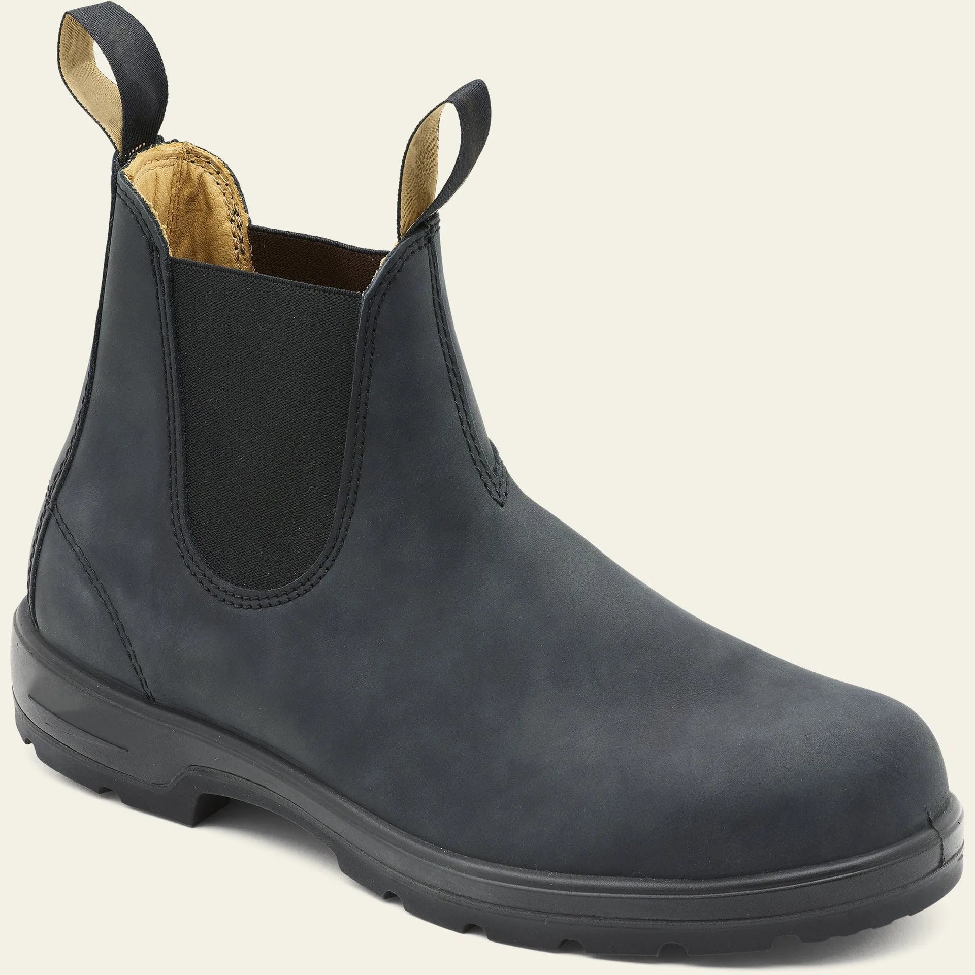 Vintage frosted brown Chelsea boot with round toe and mid-calf height on a neutral background.
