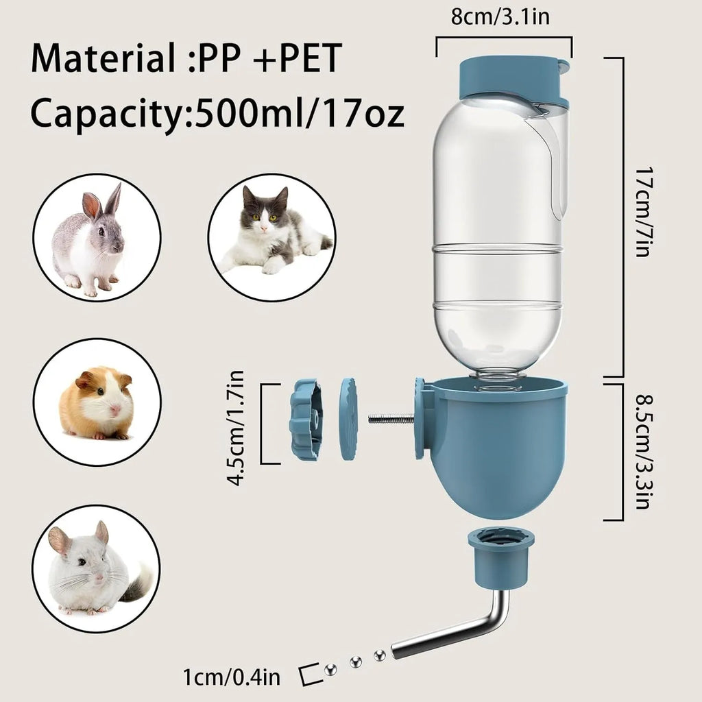 Blue small animal cage water bottle with rotatable nozzle mounted on metal bars