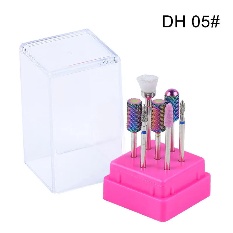 Set of seven tungsten steel nail drill bits and a brush in a transparent storage case.