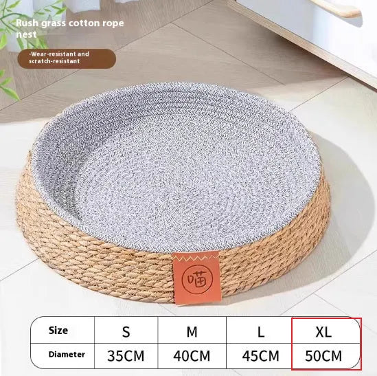 Rattan woven cat bed or nest for pets, shown in available sizes S, M, L, XL