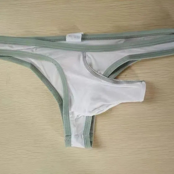 Men's Ice Silk Elephant Nose briefs shown in multiple colours including army green, black, and skin colour.