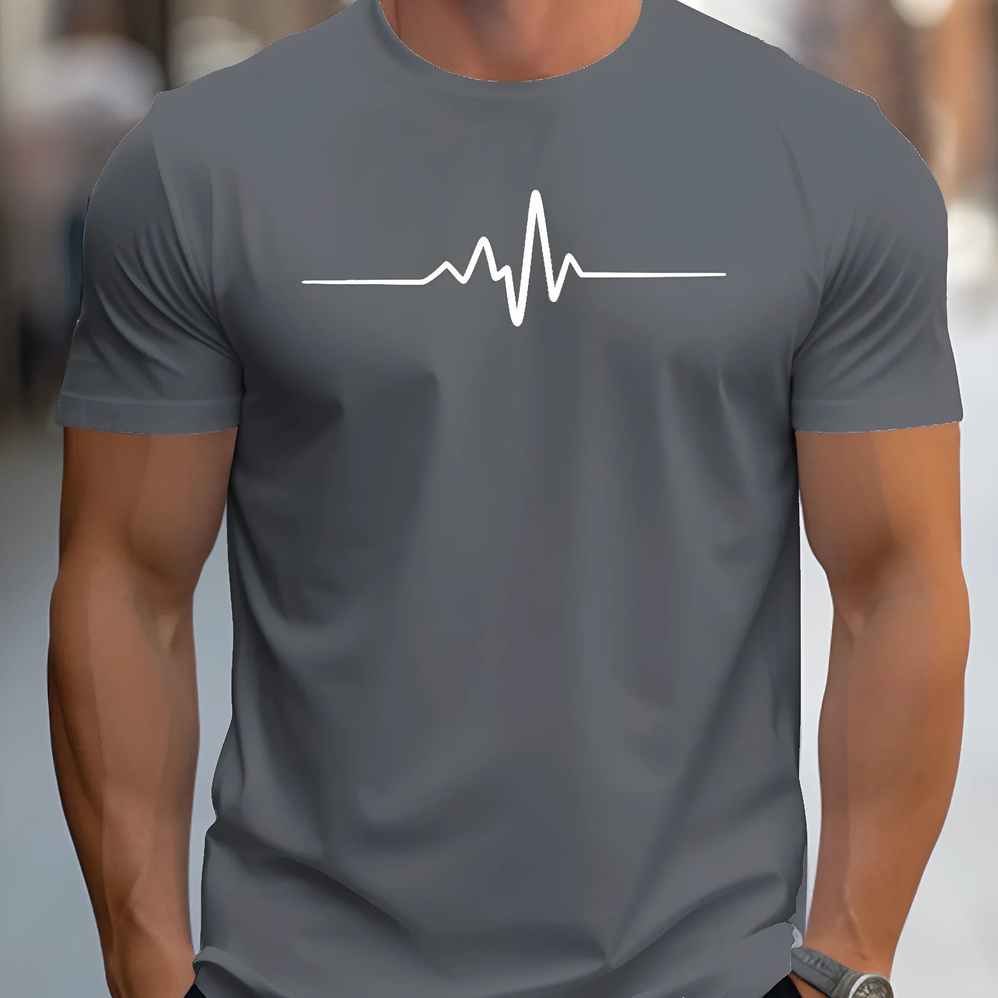 Men's loose fit short sleeve sports T-shirt on a hanger, showing thin polyester fabric.