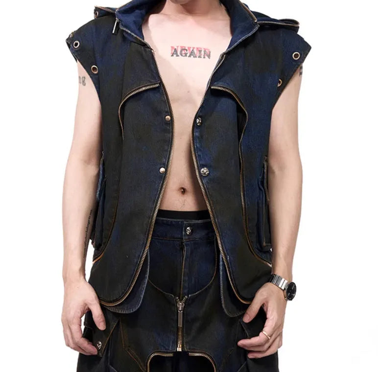 Blue hooded denim vest coat with matching trousers, Korean style zippered jacket set