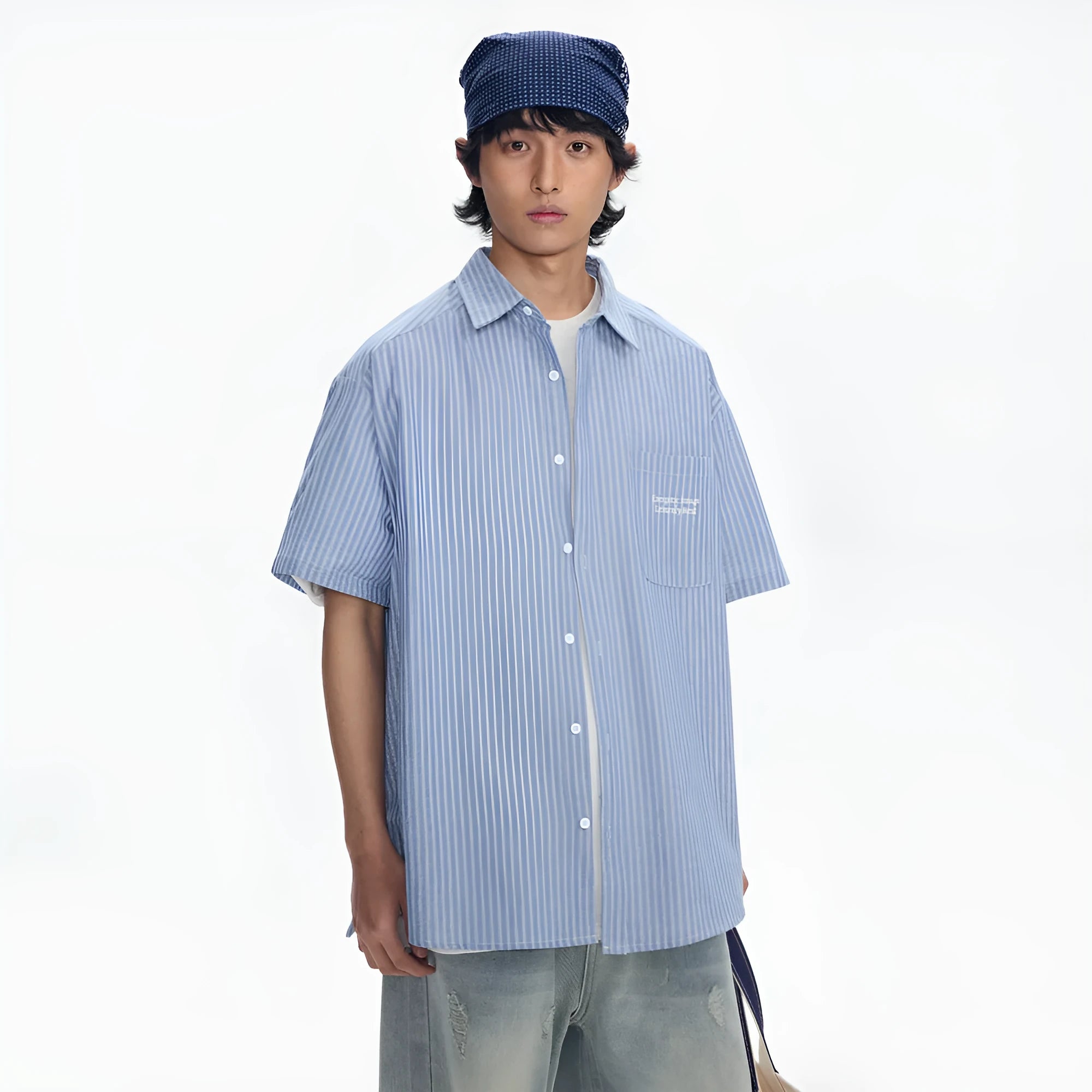 Blue striped short-sleeved overalls shirt with a loose cardigan fit