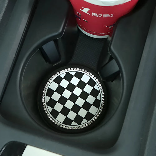 PVC non-slip car cup holder coaster mat in a black and white checkerboard pattern