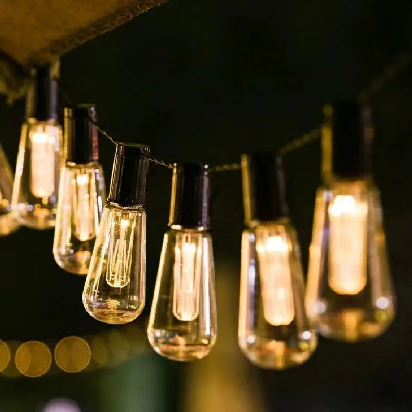 Retro long bulb infusion bottle shape outdoor fairy lights with glass string design in multiple lengths