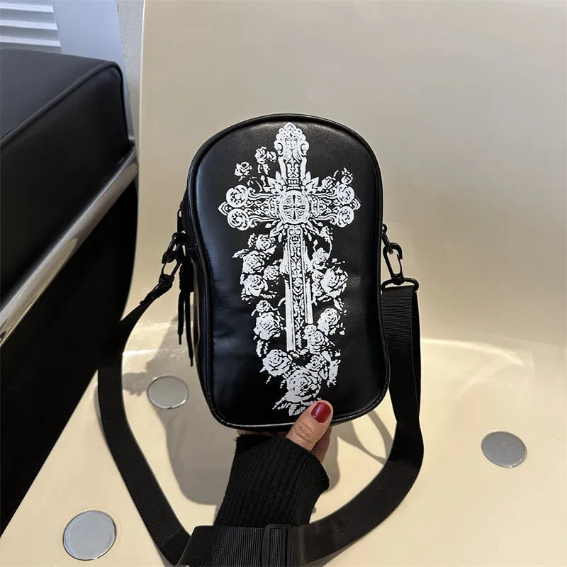 Halloween graffiti PU phone bag with pumpkin ghost bat cartoon print, crossbody shoulder bag