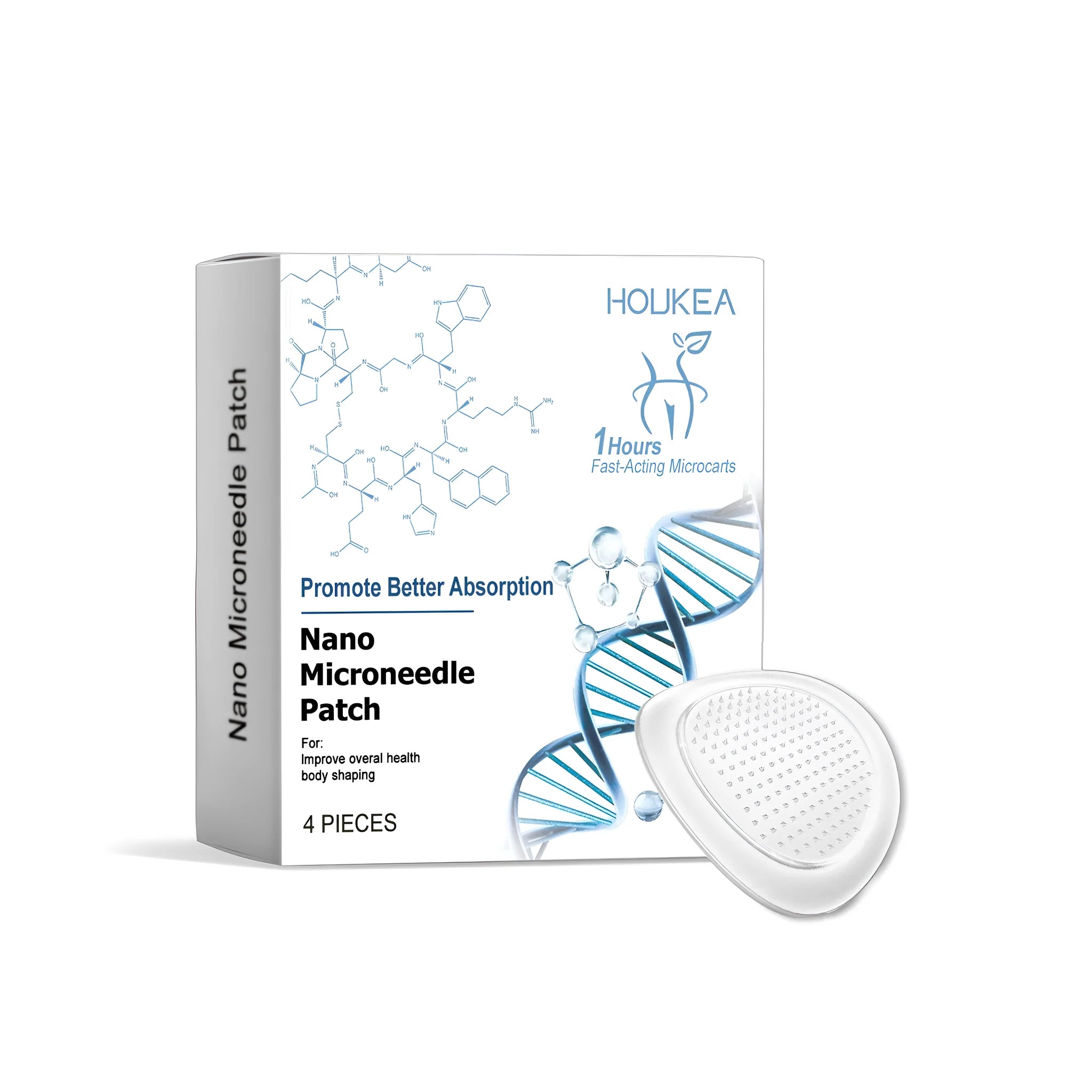 Four nano microneedle facial patches in a pack with herbal ingredient list including paeonia root and cinnamon oil.