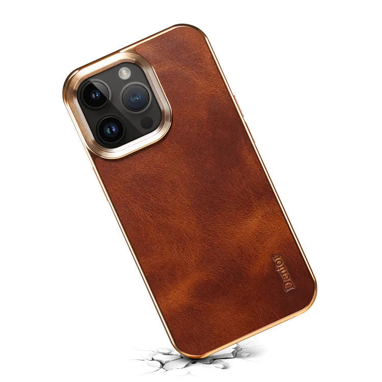 Handmade leather iPhone case in vintage oil wax leather showing slim profile and protective design
