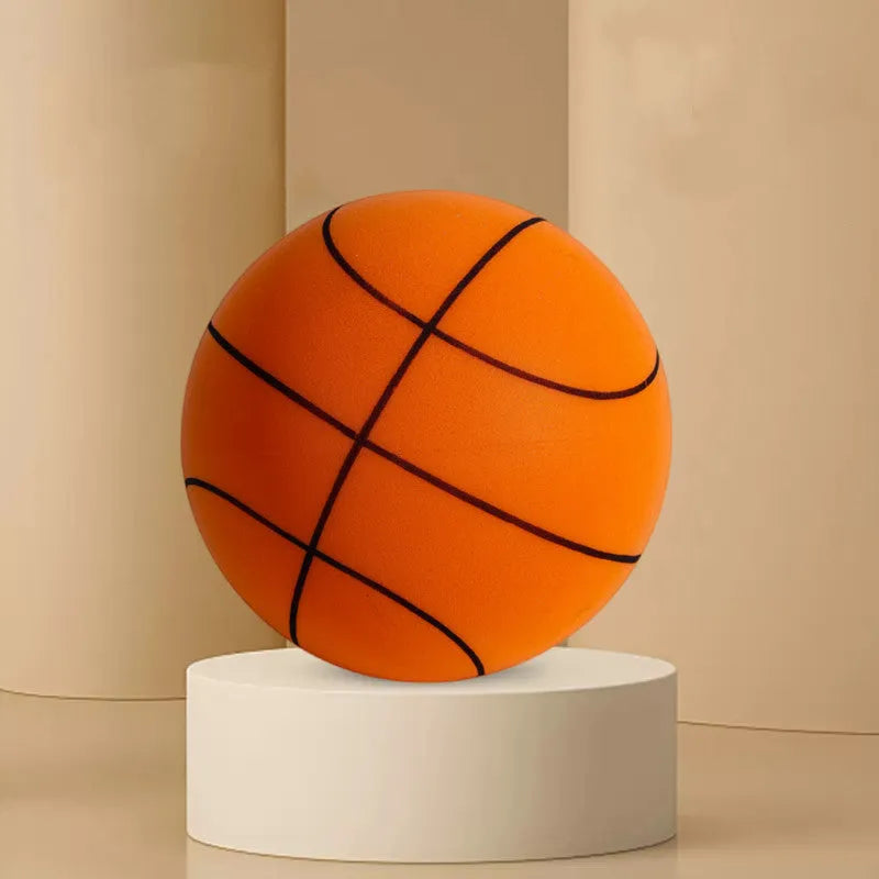 Silent foam basketball training ball in assorted bright colours with basketball hoop