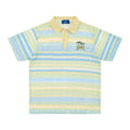 Man wearing a blue loose-fit printed casual short sleeve shirt made from elastic polyester fabric.