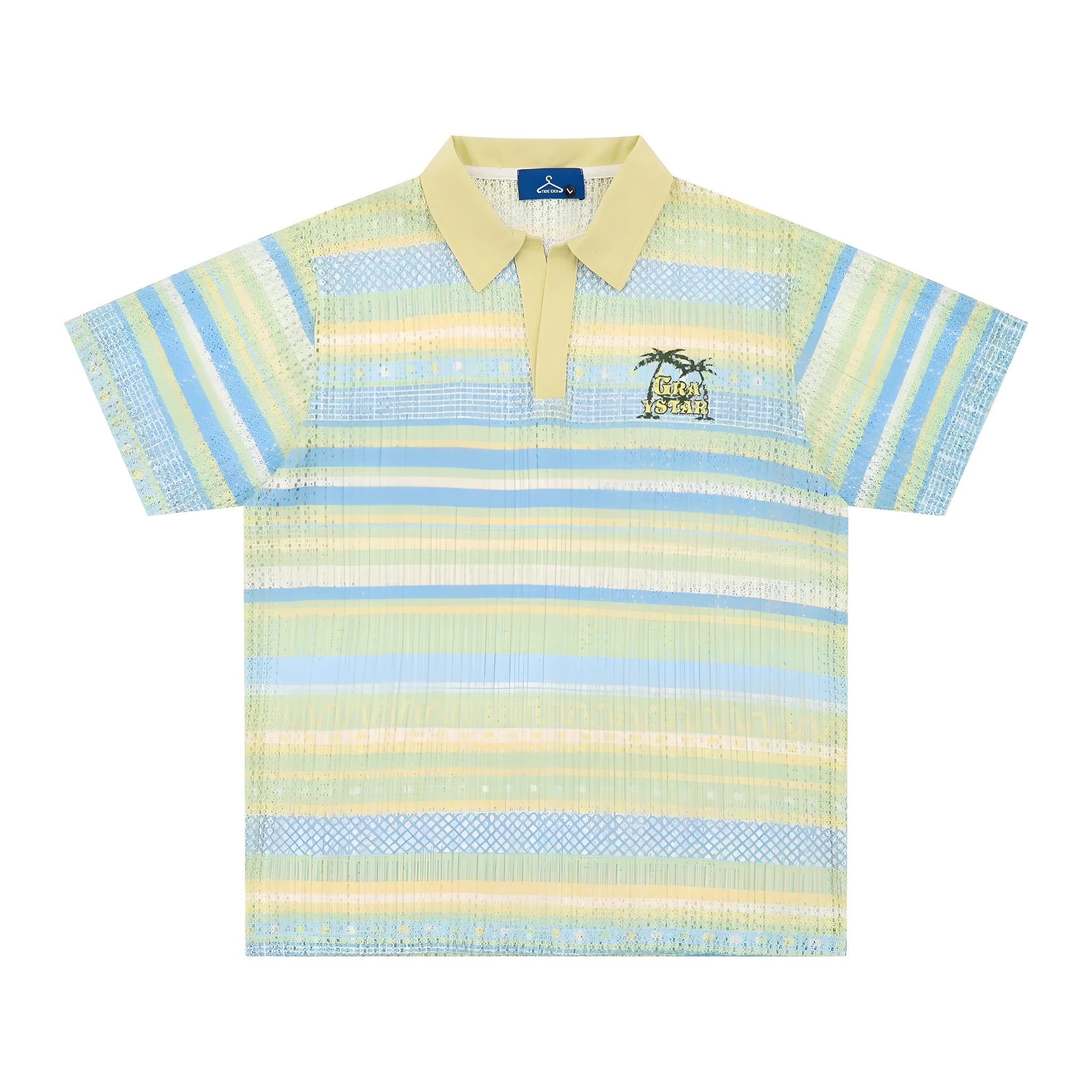 Man wearing a blue loose-fit printed casual short sleeve shirt made from elastic polyester fabric.