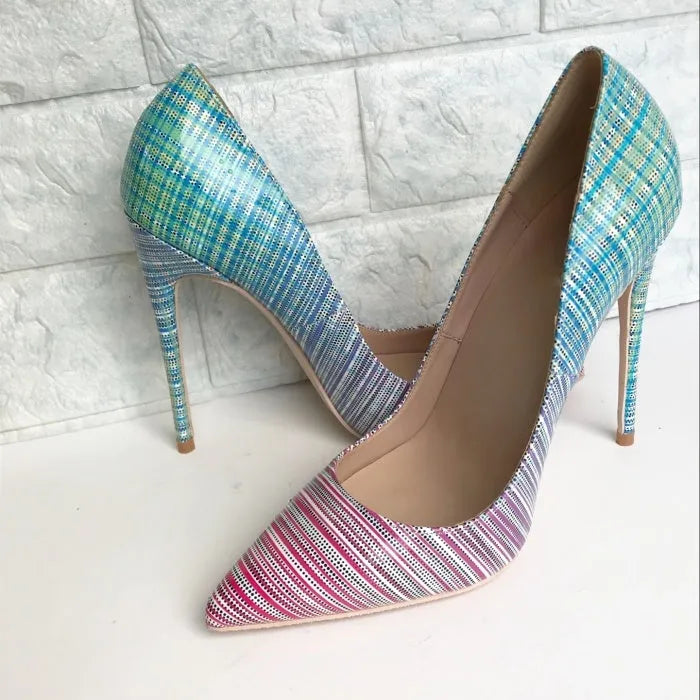 Ladies high heel shoes with a pink to blue gradient colour, pointed toe, and a tall thin heel.