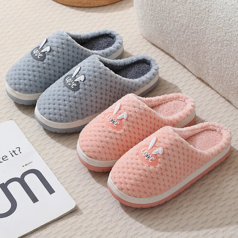 Women's rabbit plaid cotton house slippers with a thick rubber sole, shown in apricot colour.