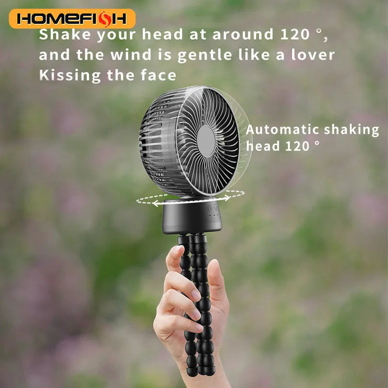HOMEFISH F2 automatic shake head handheld fan with LED light on removable bracket.