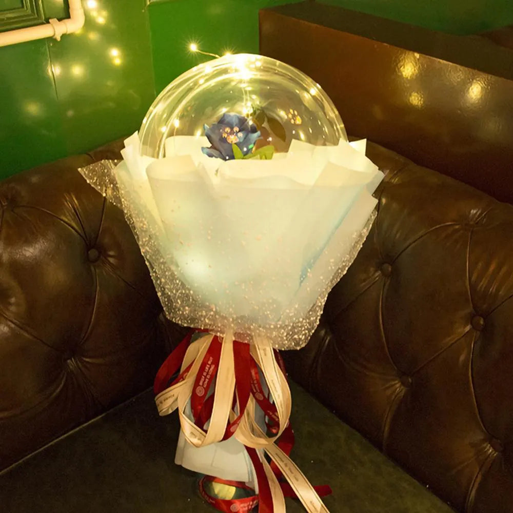 Transparent LED luminous balloon bouquet with artificial rose and glowing light inside, displayed as a DIY kit.