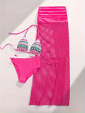 Women's three-piece bikini set with fishnet long skirt in gradient pattern design