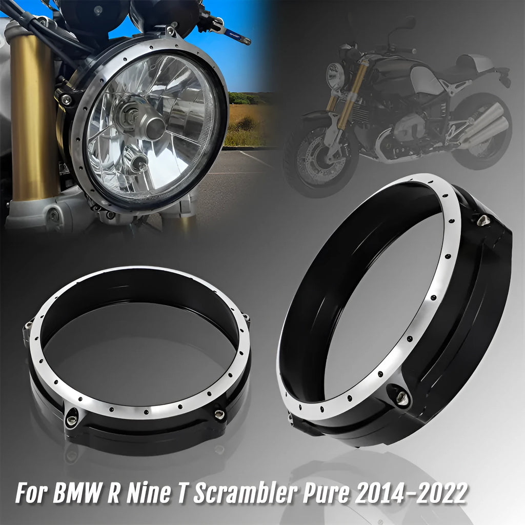 Black CNC aluminium headlight cover protective frame for BMW R NineT Scrambler motorcycle