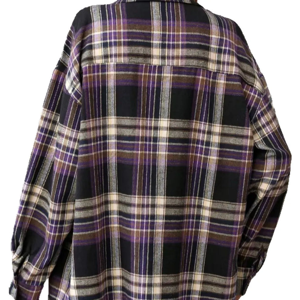 Women's loose casual plaid shirt in cotton available in black, green and purple colours