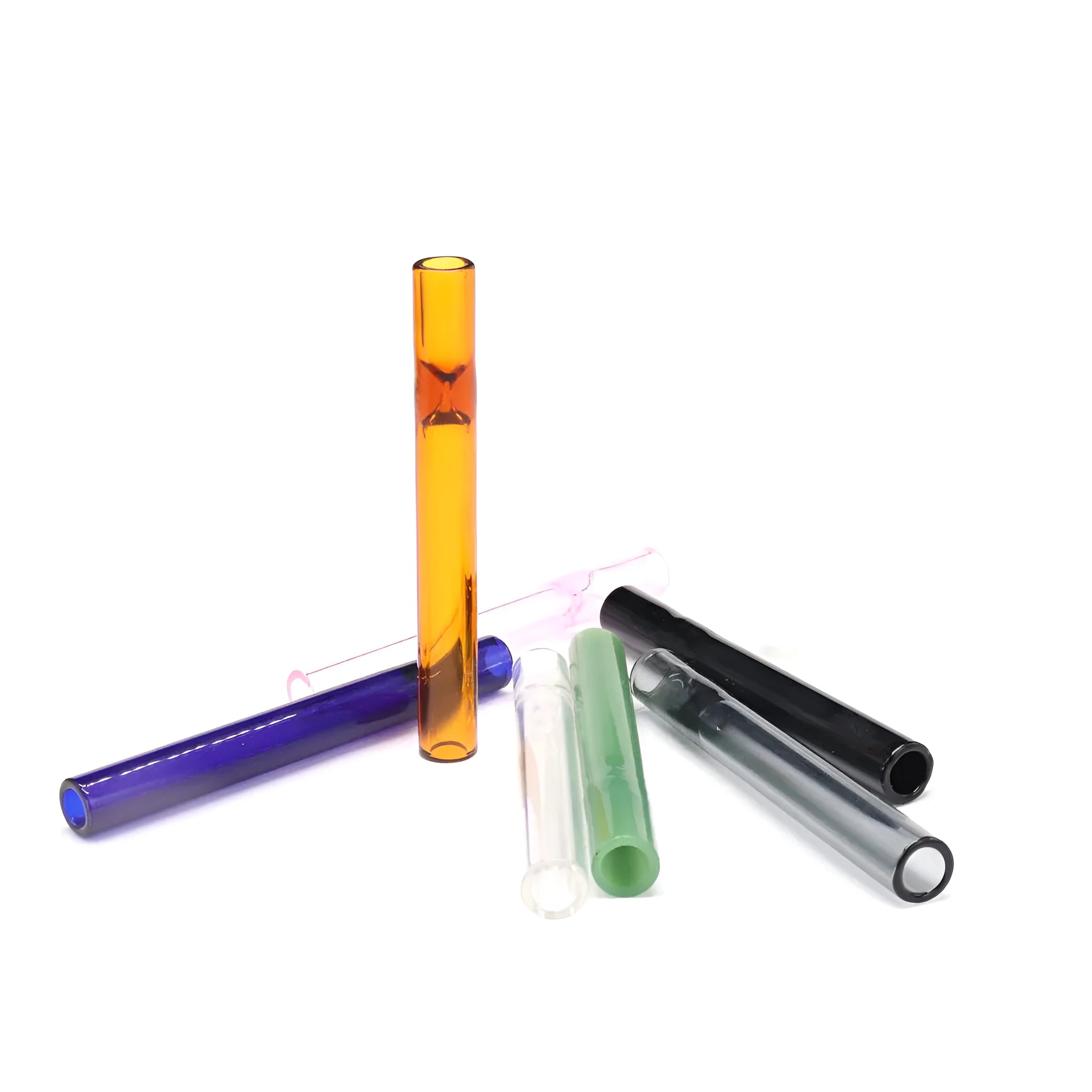 Straight transparent glass telescopic smoke pipe nozzle on a plain background.