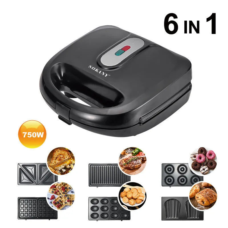 Black electric sandwich pan with double-sided heating, exchangeable plates, and brushed stainless steel cover