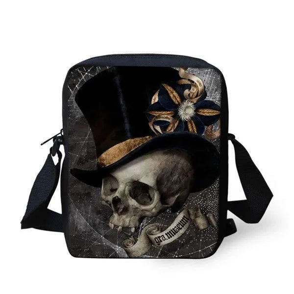 Medium polyester children's messenger bag with skull pattern, double straps, and zipper pocket in casual style