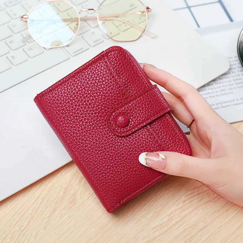 Ladies' short wallet with lychee pattern showing two-fold design in beige, pink, black, and red colour options