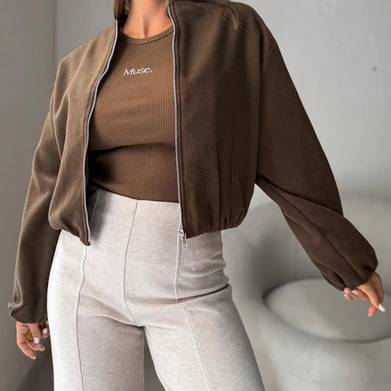 Women's brown off-shoulder short coat with lantern sleeves and round neck