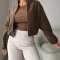 Women's brown off-shoulder short coat with lantern sleeves and round neck