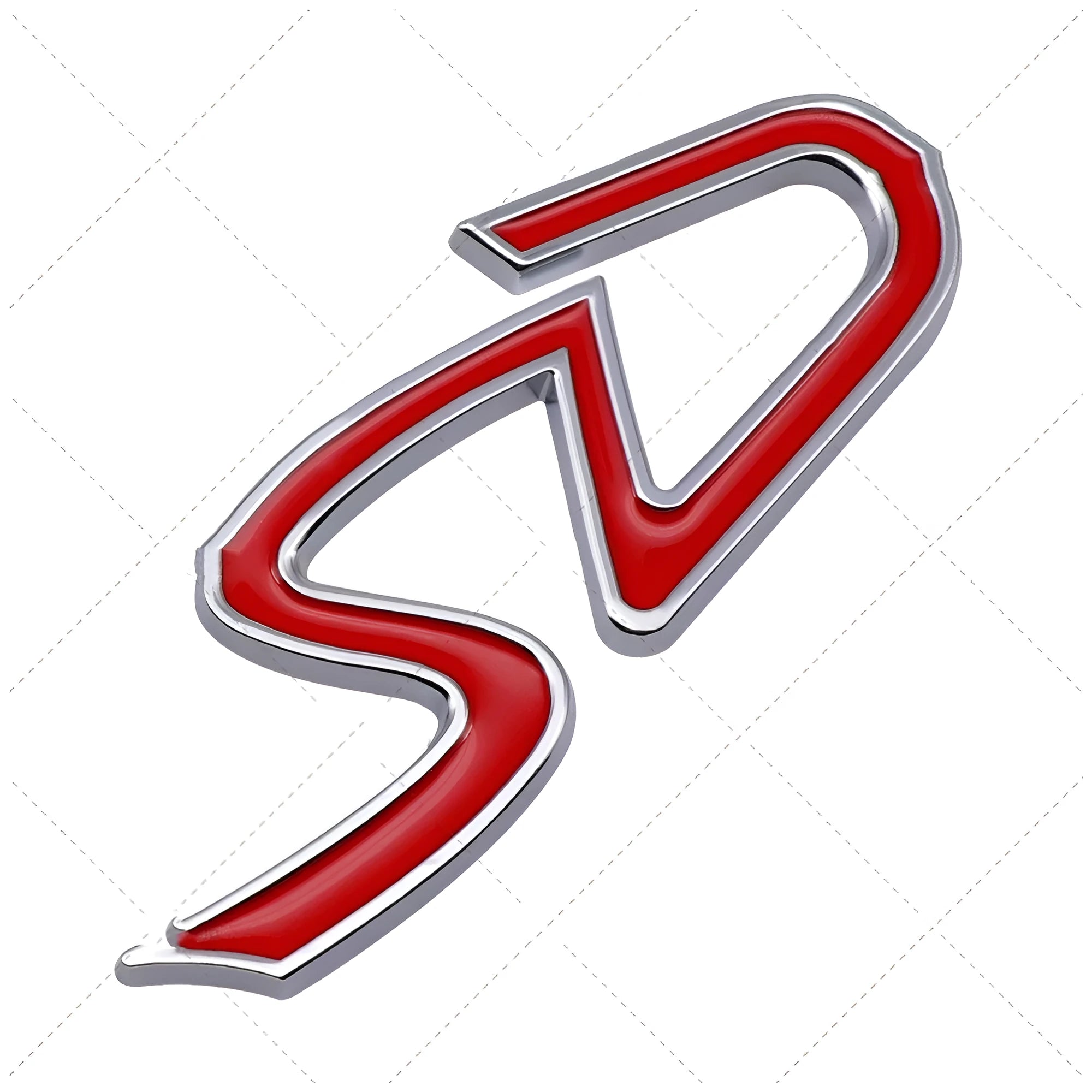 Red and silver SD-shaped metal decorative sticker for cars next to smaller red and black D-shaped sticker.