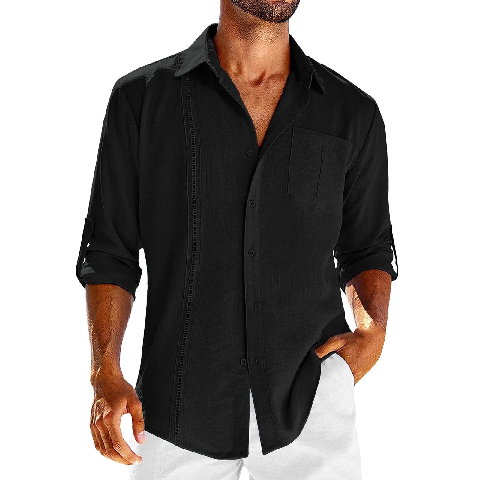 Men's grey long sleeve casual shirt with a polo collar and a white lace detail on the chest pocket.