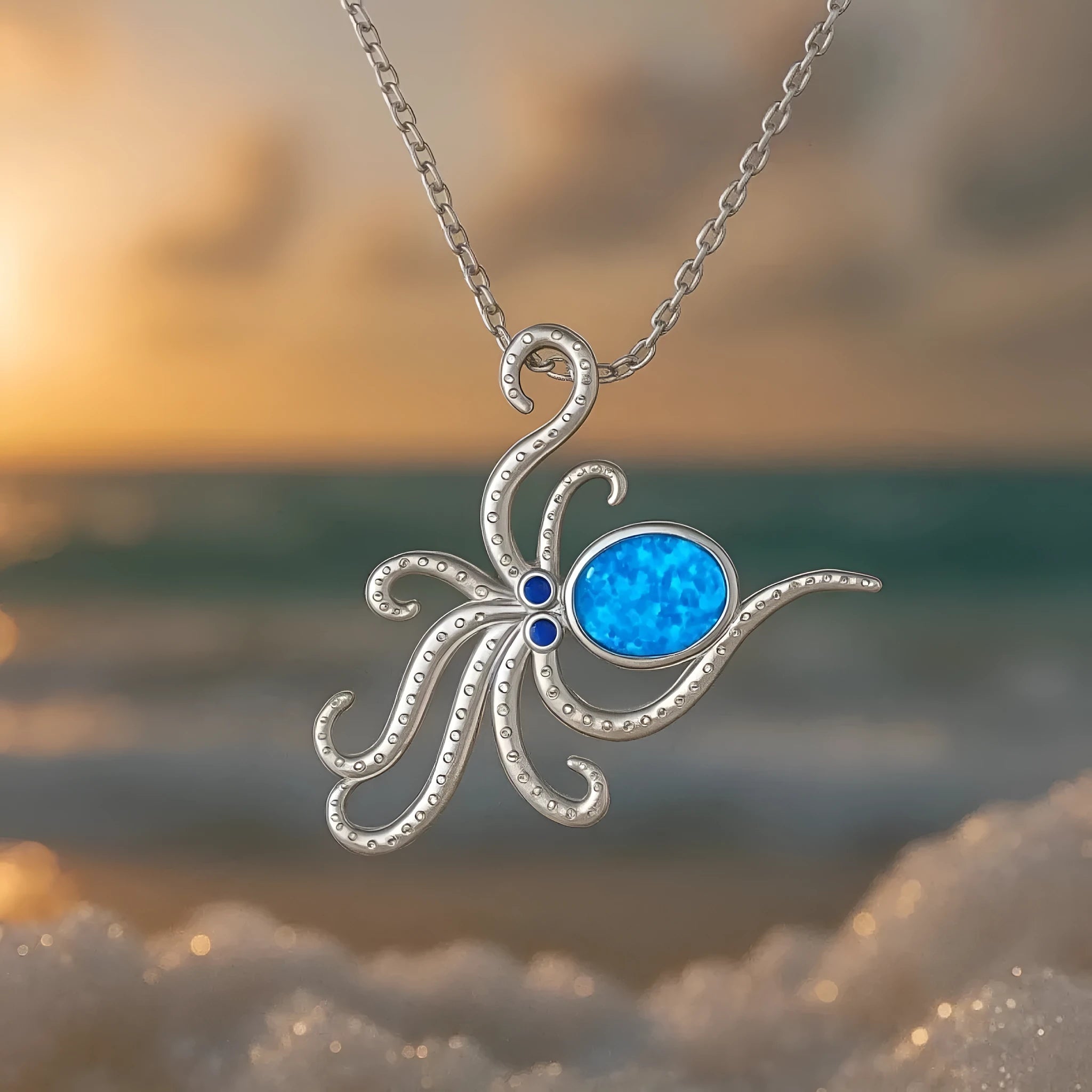 Silver stainless steel octopus necklace with opal inlay on geometric pendant