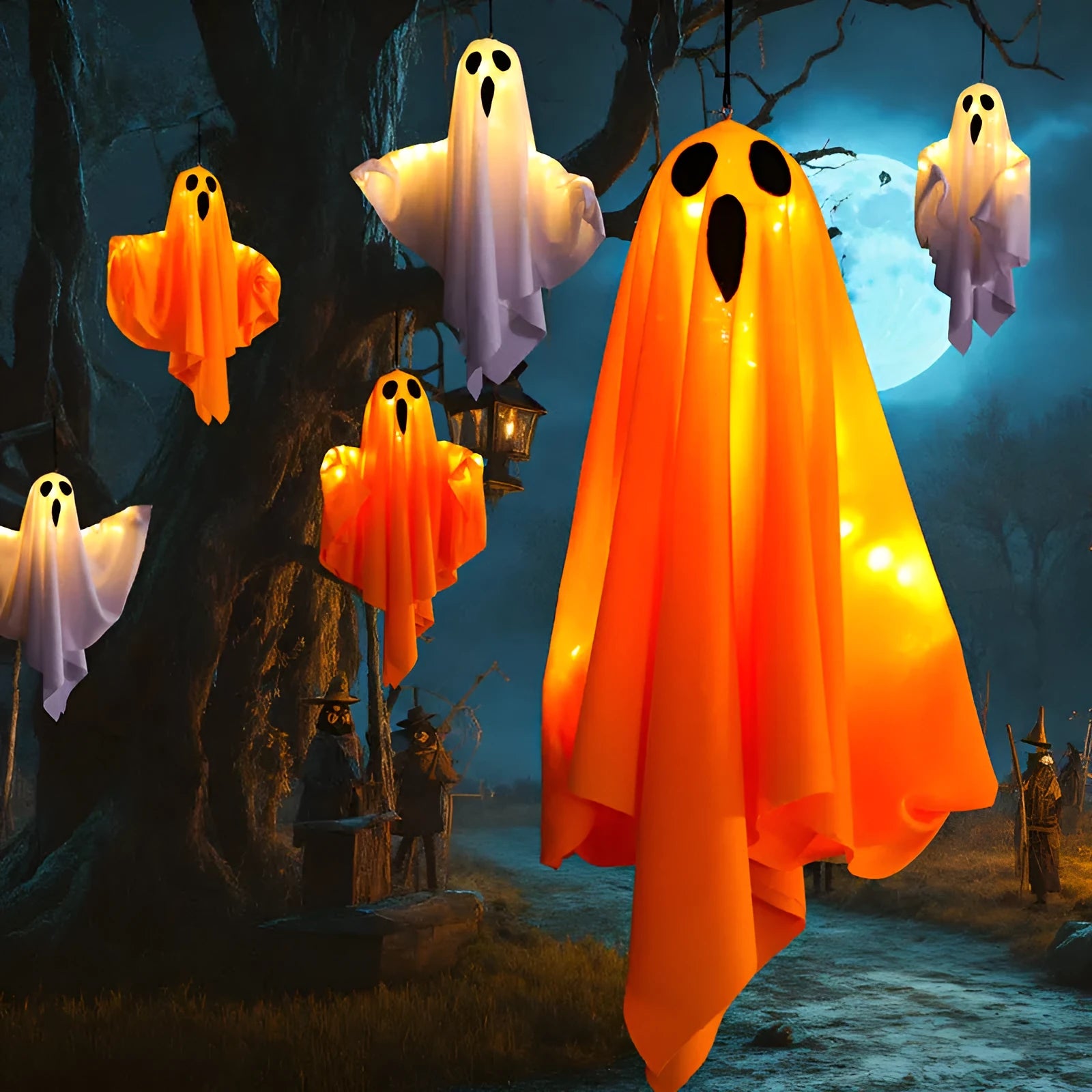 White and orange cloth ghost light with 4.5V button electronics for Halloween party arrangements