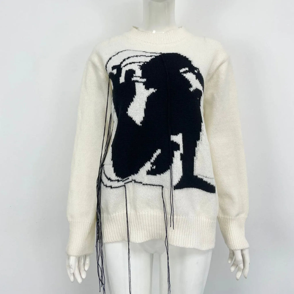 Women's grey alpaca wool sweater with tassel design and abstract pattern