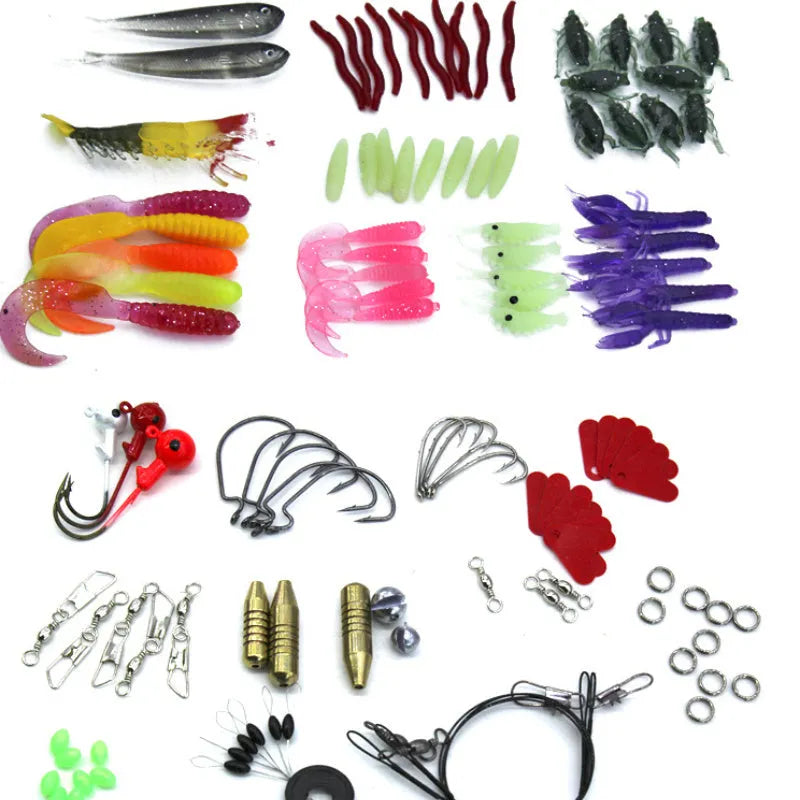 132-piece fishing lure set with plastic baits and steel hooks in rose red colour, organised in compact storage case