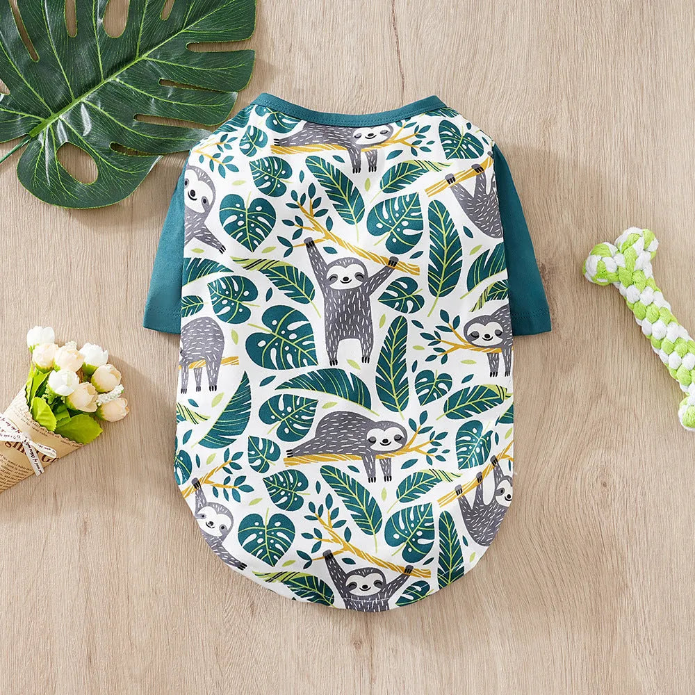 Small dog wearing full print polyester T-shirt clothing in casual style with measured bust and back length