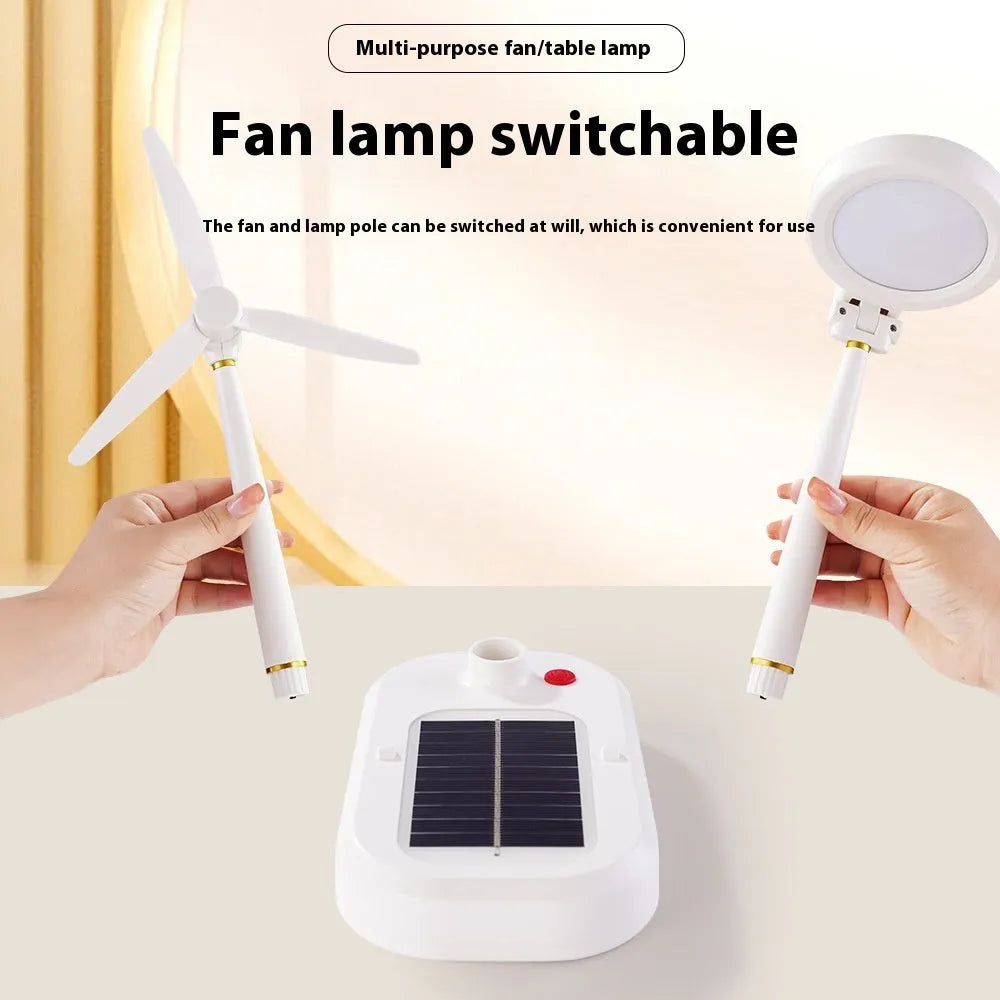 Ivory white solar powered table fan and LED study lamp combination unit on desk