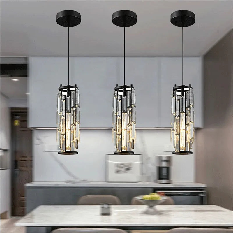 Industrial style single head LED droplight with crystal detailing in black, gold, or chrome finish