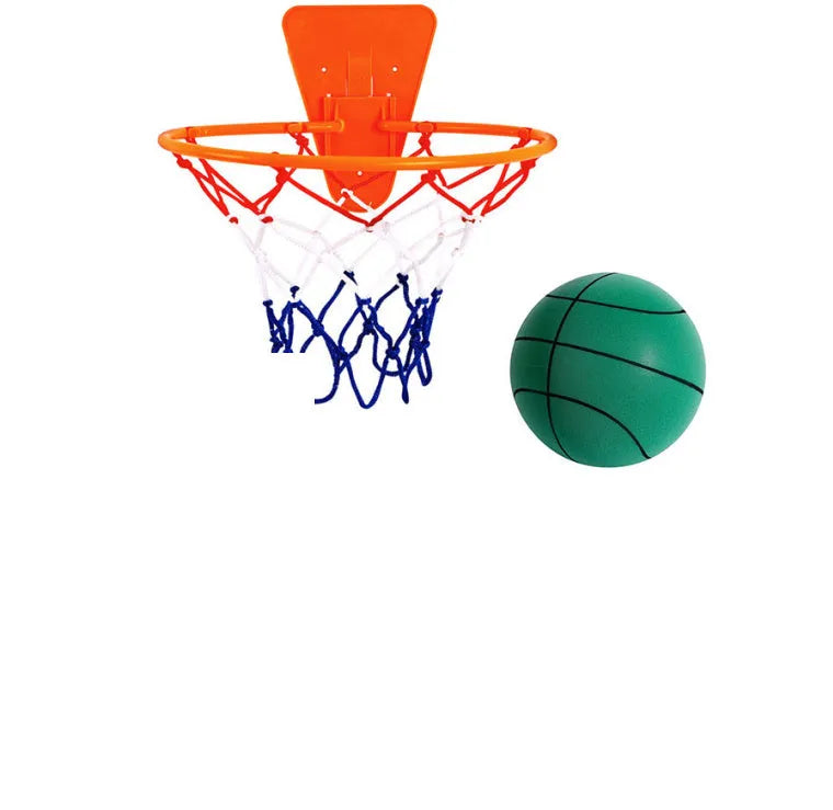 Silent foam basketball training ball in assorted bright colours with basketball hoop